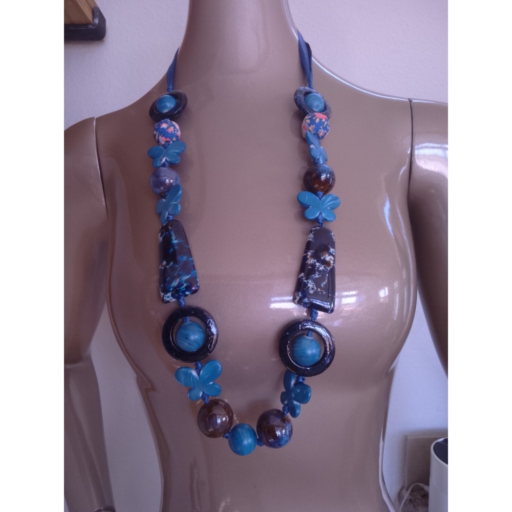 Blue Butterfly Chunky Bead Statement Necklace Satin Ribbon Tie Boho Eclectic
